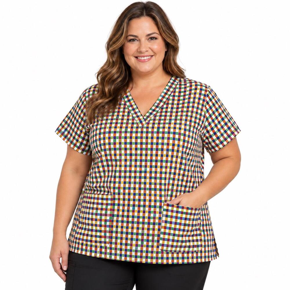 Scrub Top Womens Size Multicolor Check V Neck Short Sleeve Pockets